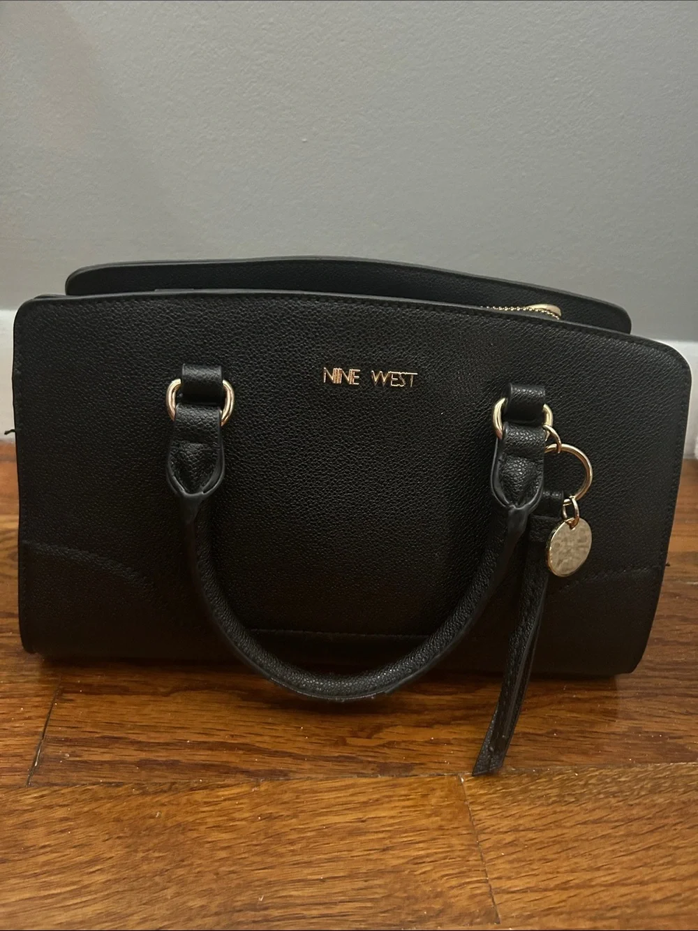 Nine West Black Pebbled Satchel Crossbody Purse with Gold Accents